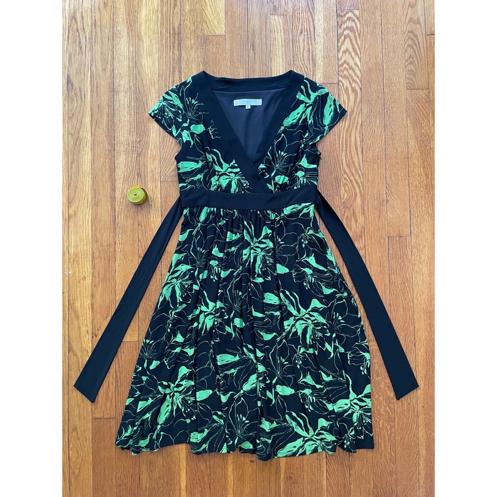 “Evan Picone” Black & Green Floral Dress | Back Tie Up